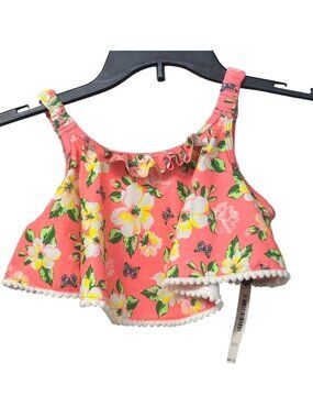 Nicole Miller Girls Floral Ruffle Bikini Top Swimwear With Pom Pom Trim Size 14